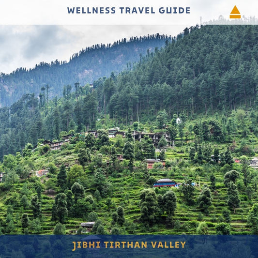 Wellness travel guide cover with a scenic view of Jibhi Tirthan Valley.