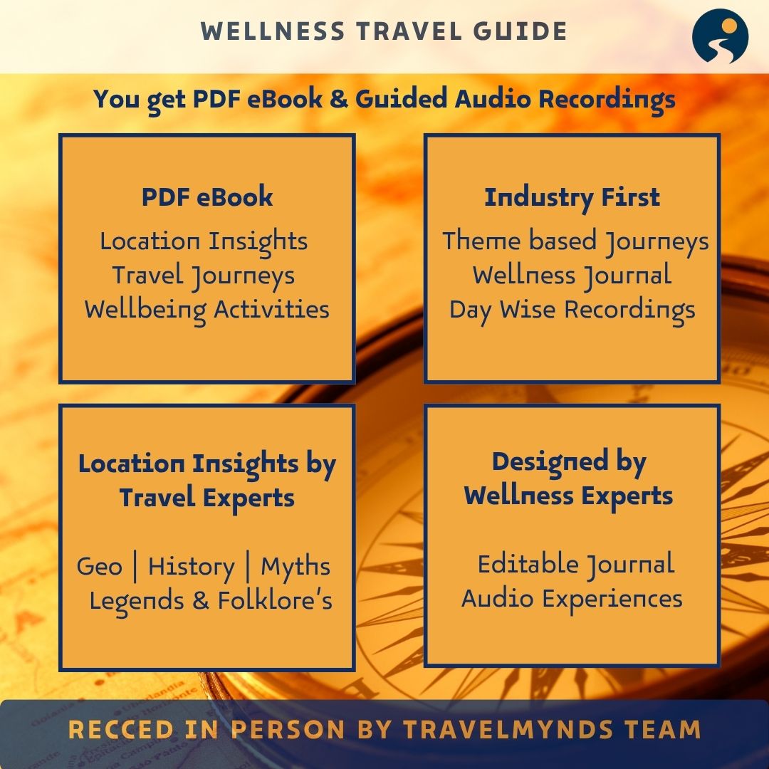 Promotional graphic for a wellness travel guide with features listed on an orange background.