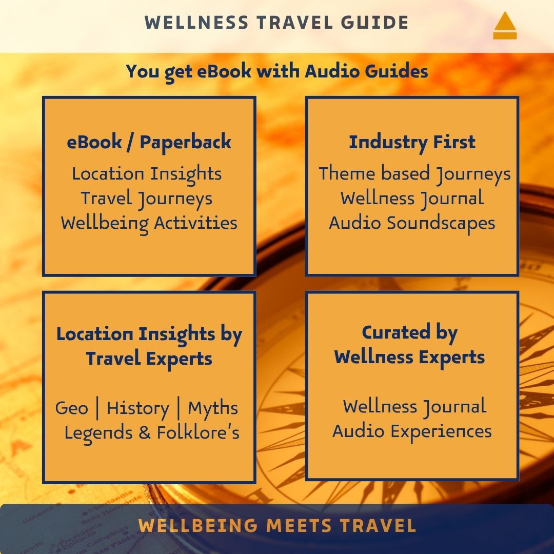 Promotional graphic for a wellness travel guide with eBook, audio guides, and travel expert insights.